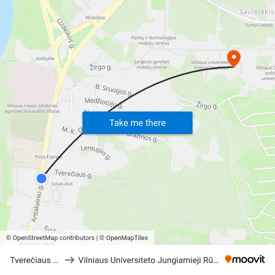 Tverečiaus St. to Vilniaus Universiteto Jungiamieji Rūmai map