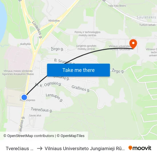 Tverečiaus St. to Vilniaus Universiteto Jungiamieji Rūmai map