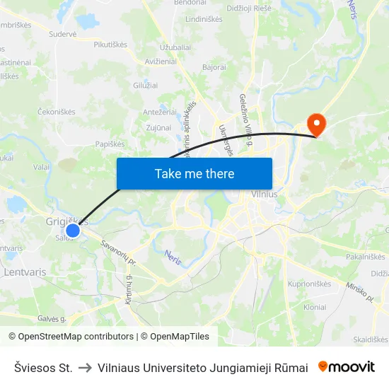 Šviesos St. to Vilniaus Universiteto Jungiamieji Rūmai map