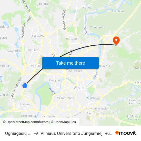 Ugniagesių St. to Vilniaus Universiteto Jungiamieji Rūmai map