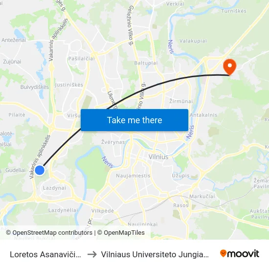Loretos Asanavičiūtės St. to Vilniaus Universiteto Jungiamieji Rūmai map