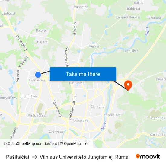 Pašilaičiai to Vilniaus Universiteto Jungiamieji Rūmai map