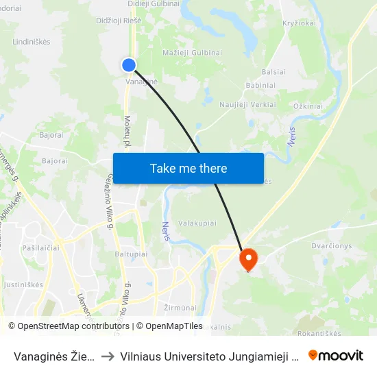 Vanaginės Žiedas to Vilniaus Universiteto Jungiamieji Rūmai map