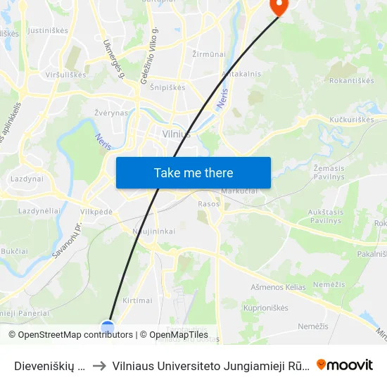 Dieveniškių St. to Vilniaus Universiteto Jungiamieji Rūmai map