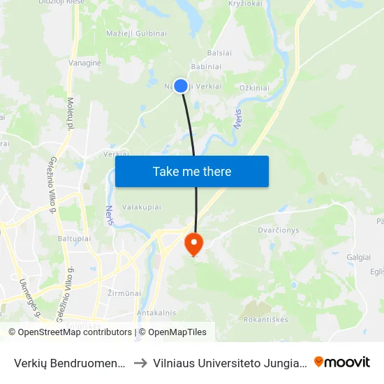 Verkių Bendruomenės Namai to Vilniaus Universiteto Jungiamieji Rūmai map