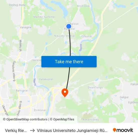 Verkių Riešė to Vilniaus Universiteto Jungiamieji Rūmai map