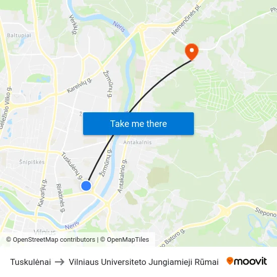 Tuskulėnai to Vilniaus Universiteto Jungiamieji Rūmai map