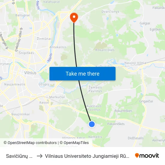 Savičiūnų St. to Vilniaus Universiteto Jungiamieji Rūmai map