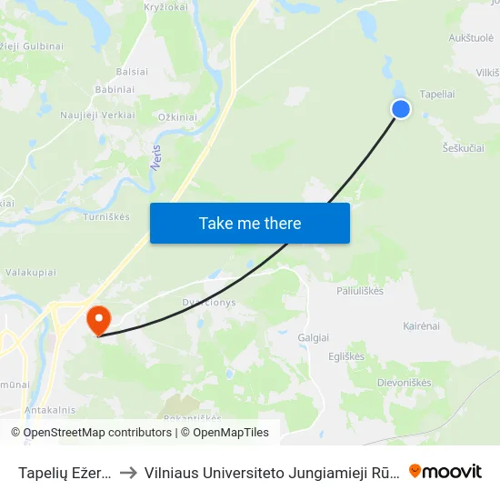 Tapelių Ežeras to Vilniaus Universiteto Jungiamieji Rūmai map