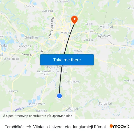 Terašiškės to Vilniaus Universiteto Jungiamieji Rūmai map
