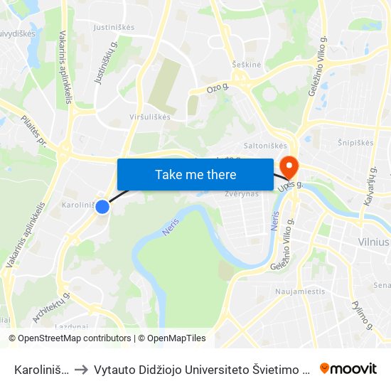 Karoliniškės to Vytauto Didžiojo Universiteto Švietimo Akademija map