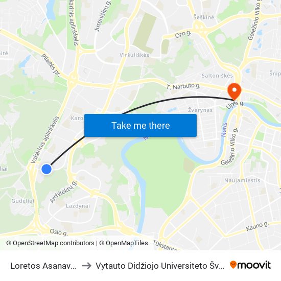 Loretos Asanavičiūtės St. to Vytauto Didžiojo Universiteto Švietimo Akademija map