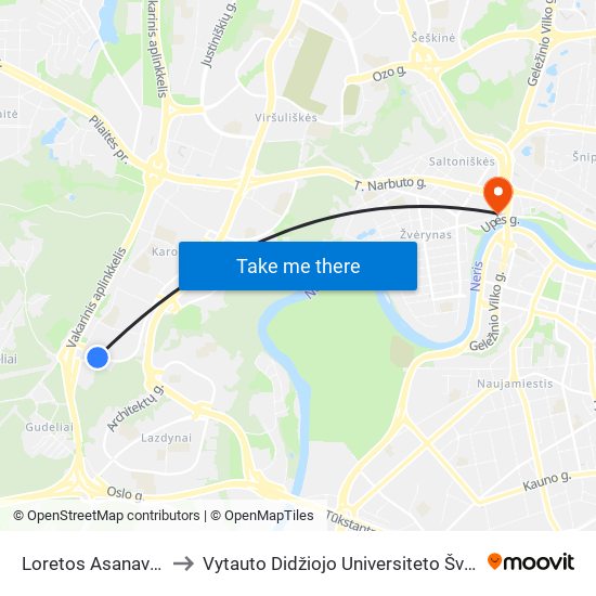 Loretos Asanavičiūtės St. to Vytauto Didžiojo Universiteto Švietimo Akademija map