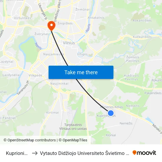 Kuprioniškės to Vytauto Didžiojo Universiteto Švietimo Akademija map