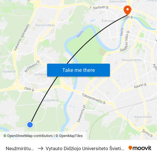 Neužmirštuolių St. to Vytauto Didžiojo Universiteto Švietimo Akademija map