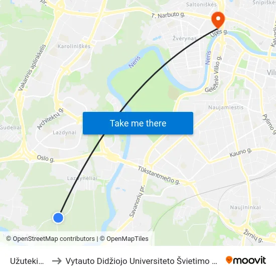 Užutekio St. to Vytauto Didžiojo Universiteto Švietimo Akademija map