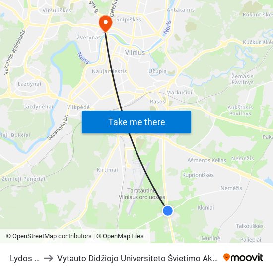 Lydos St. to Vytauto Didžiojo Universiteto Švietimo Akademija map