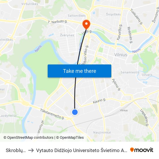 Skroblų St. to Vytauto Didžiojo Universiteto Švietimo Akademija map