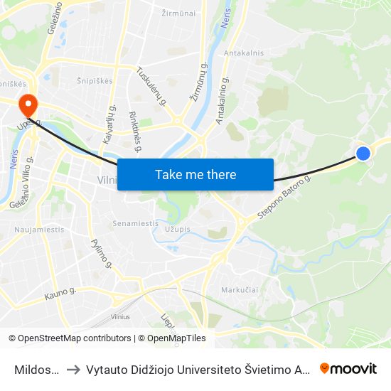 Mildos St. to Vytauto Didžiojo Universiteto Švietimo Akademija map