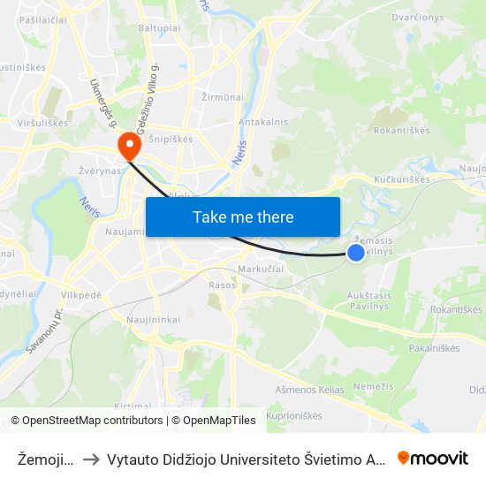 Žemoji St. to Vytauto Didžiojo Universiteto Švietimo Akademija map