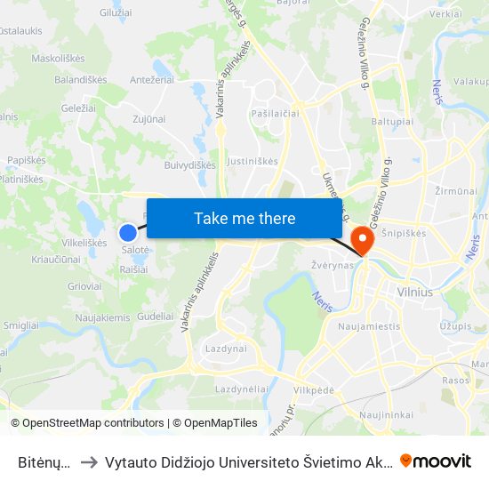 Bitėnų St. to Vytauto Didžiojo Universiteto Švietimo Akademija map