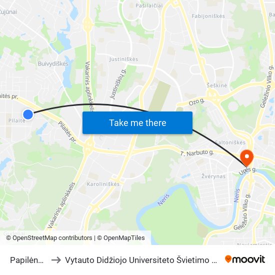 Papilėnų St. to Vytauto Didžiojo Universiteto Švietimo Akademija map