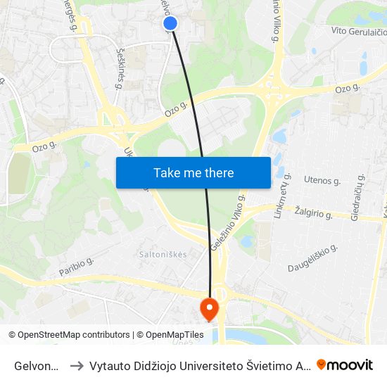 Gelvonų St. to Vytauto Didžiojo Universiteto Švietimo Akademija map