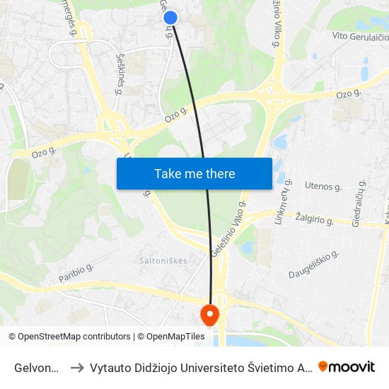 Gelvonų St. to Vytauto Didžiojo Universiteto Švietimo Akademija map