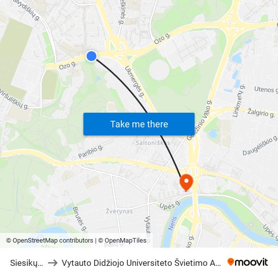 Siesikų St. to Vytauto Didžiojo Universiteto Švietimo Akademija map