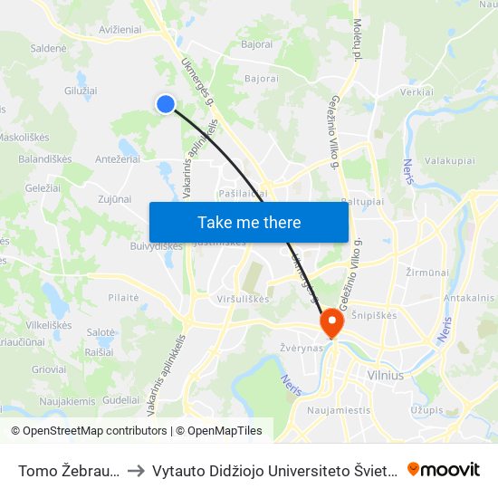 Tomo Žebrausko St. to Vytauto Didžiojo Universiteto Švietimo Akademija map