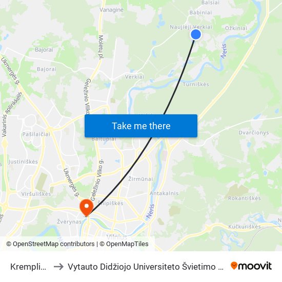 Kremplių St. to Vytauto Didžiojo Universiteto Švietimo Akademija map