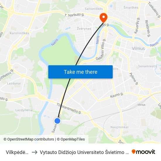 Vilkpėdės St. to Vytauto Didžiojo Universiteto Švietimo Akademija map