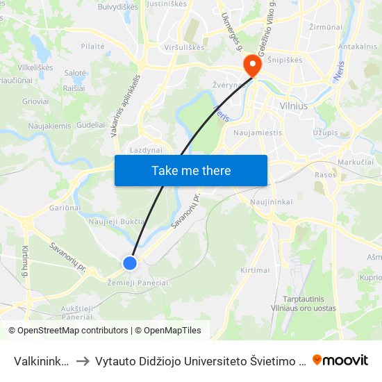 Valkininkų St. to Vytauto Didžiojo Universiteto Švietimo Akademija map