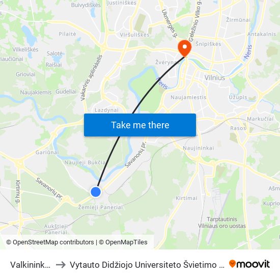 Valkininkų St. to Vytauto Didžiojo Universiteto Švietimo Akademija map