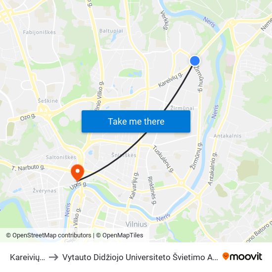 Kareivių St. to Vytauto Didžiojo Universiteto Švietimo Akademija map