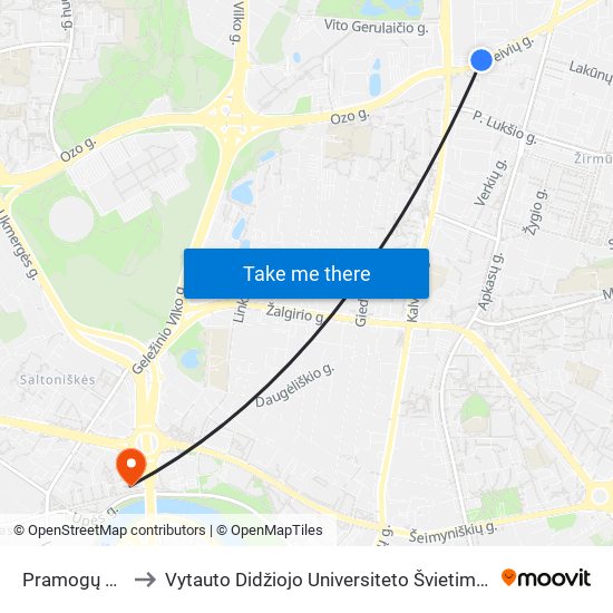 Pramogų Arena to Vytauto Didžiojo Universiteto Švietimo Akademija map