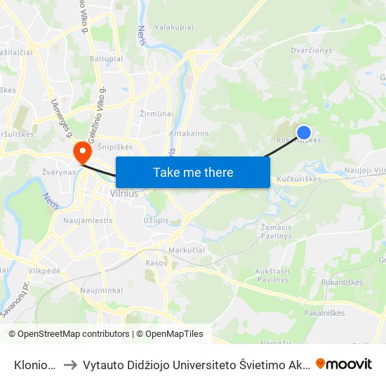 Klonio St. to Vytauto Didžiojo Universiteto Švietimo Akademija map