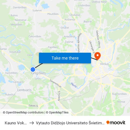 Kauno Vokės St. to Vytauto Didžiojo Universiteto Švietimo Akademija map