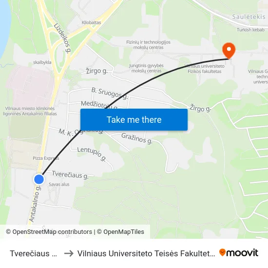 Tverečiaus St. to Vilniaus Universiteto Teisės Fakultetas map