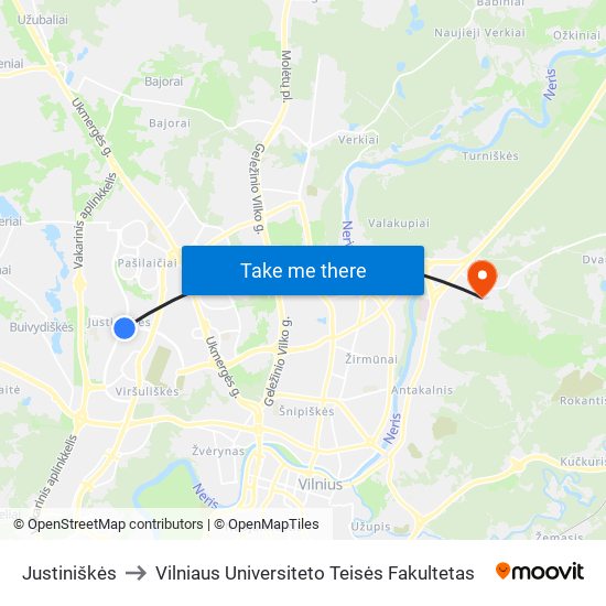 Justiniškės to Vilniaus Universiteto Teisės Fakultetas map