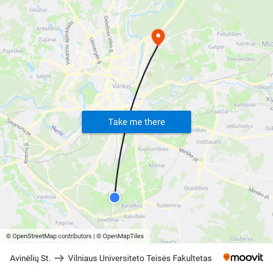 Avinėlių St. to Vilniaus Universiteto Teisės Fakultetas map