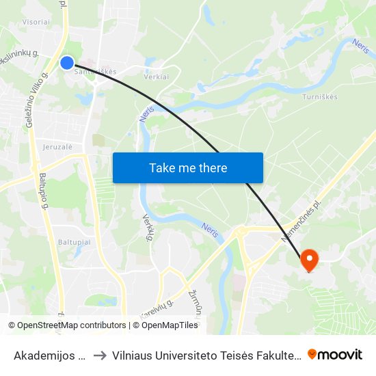 Akademijos St. to Vilniaus Universiteto Teisės Fakultetas map