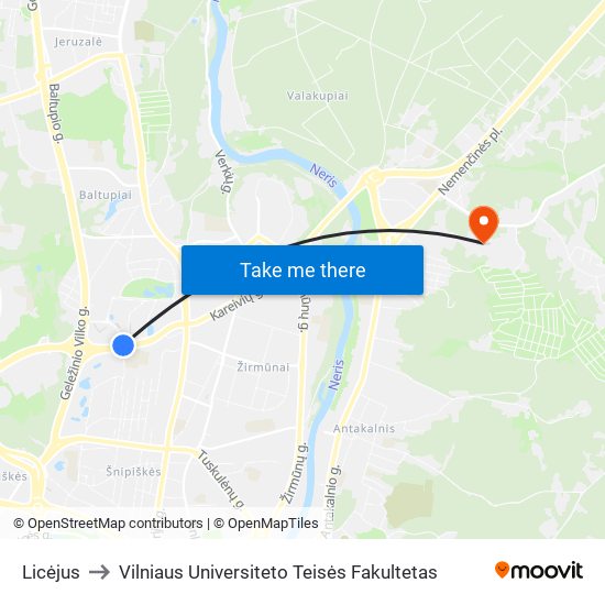 Licėjus to Vilniaus Universiteto Teisės Fakultetas map