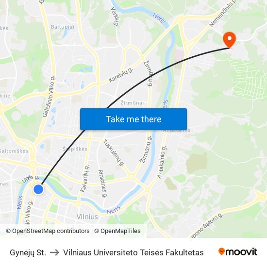 Gynėjų St. to Vilniaus Universiteto Teisės Fakultetas map