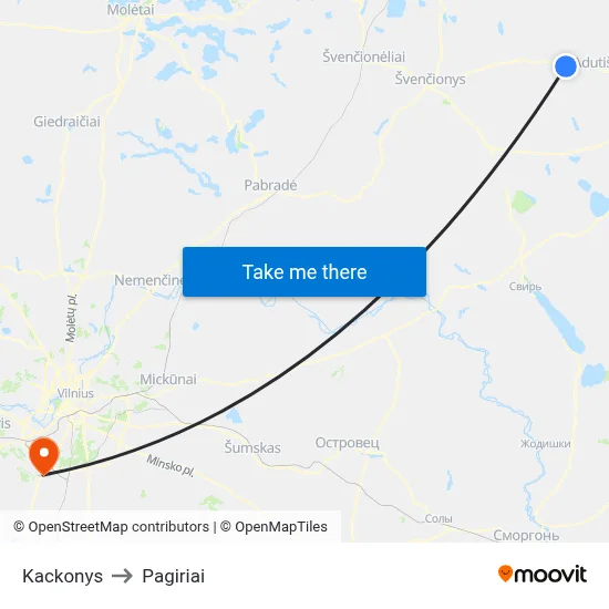 Kackonys to Pagiriai map