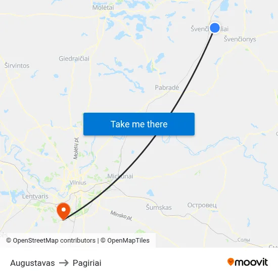 Augustavas to Pagiriai map