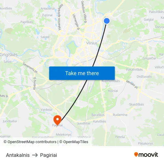 Antakalnis to Pagiriai map