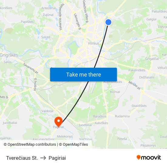 Tverečiaus St. to Pagiriai map