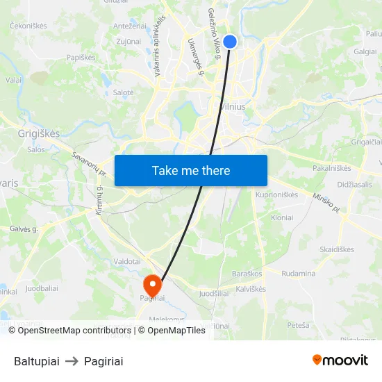 Baltupiai to Pagiriai map