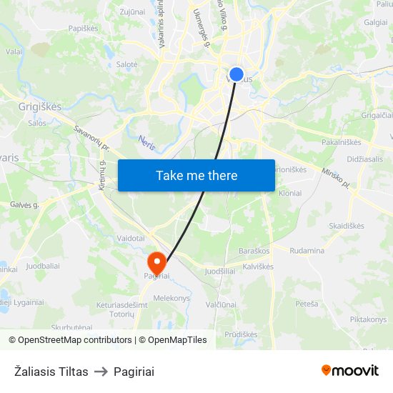 Žaliasis Tiltas to Pagiriai map